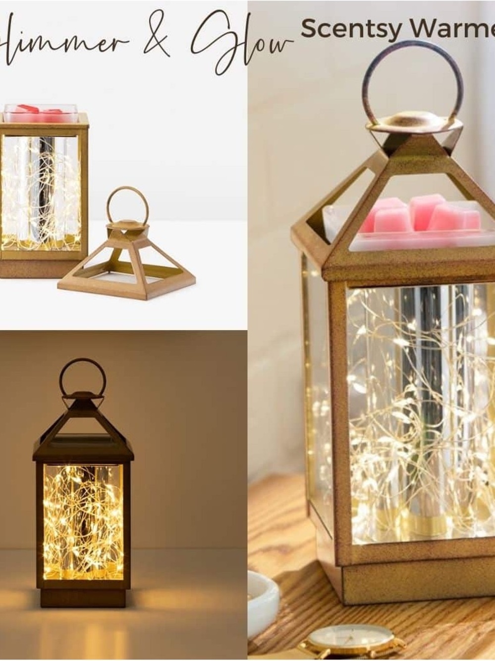 Scentsy Gold Lantern Warmer with Pink Accent Melt Tray